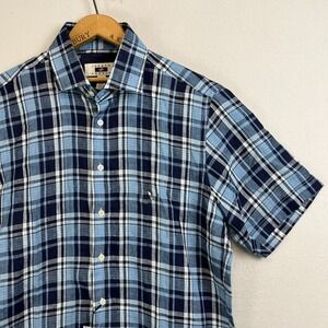 LINEN JOSEPH ABBOUD Short Sleeve Plaid Shirt Mens Large Tall Blue